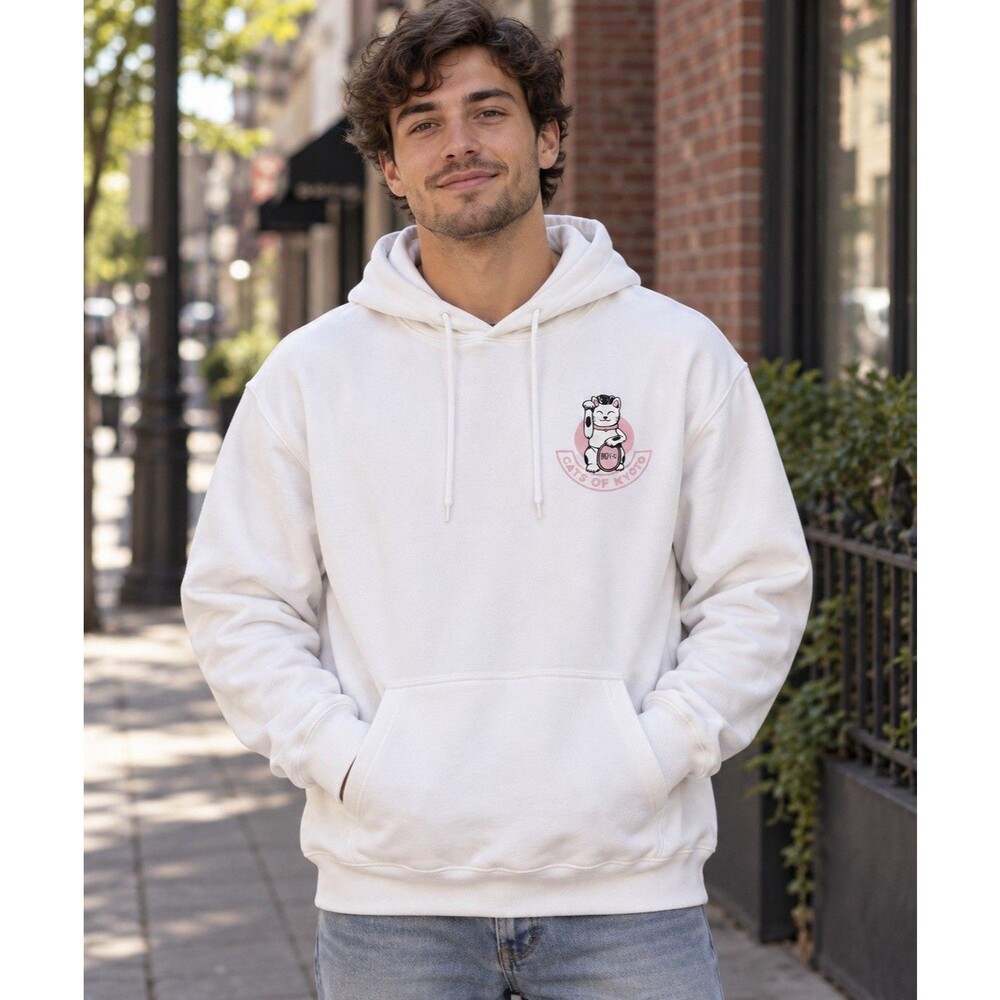 Cats of Kyoto Hoodie XL White Japanese Lucky Cat Graphic Pullover Sweatshirt